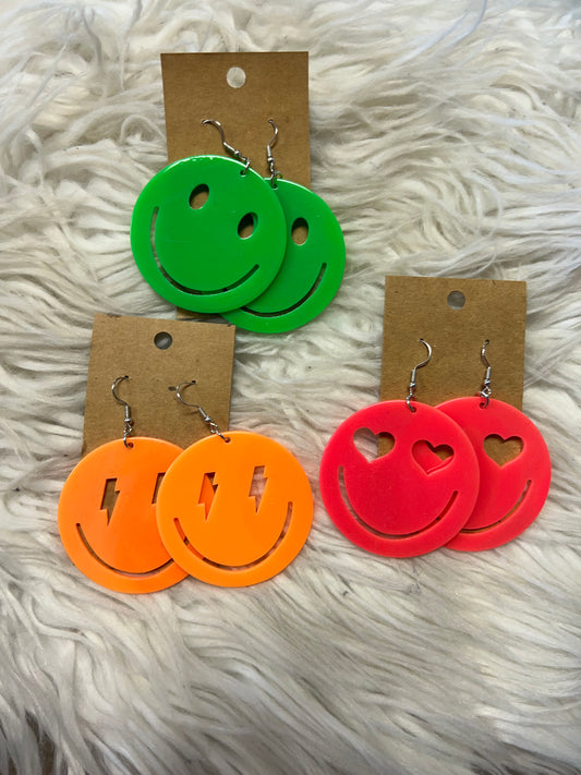 New neon, smiley face earrings