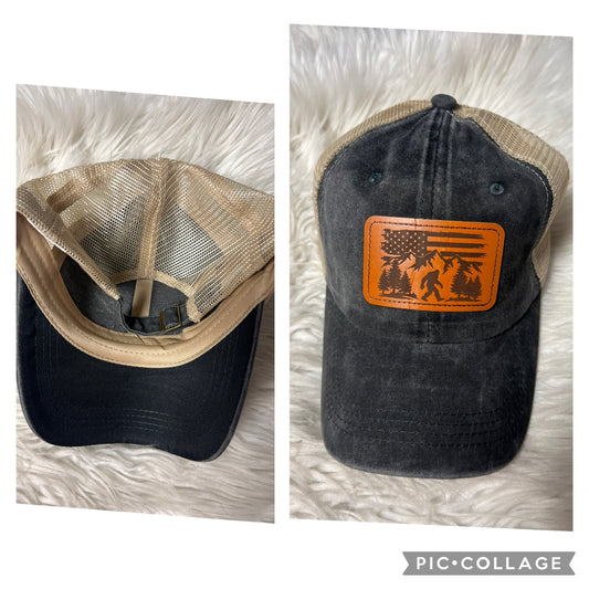 Brand new laser engrave patch hat distressed black American flag Sasquatch