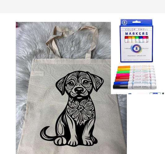 Canvas bag for drawing comes with a pack of markers dog