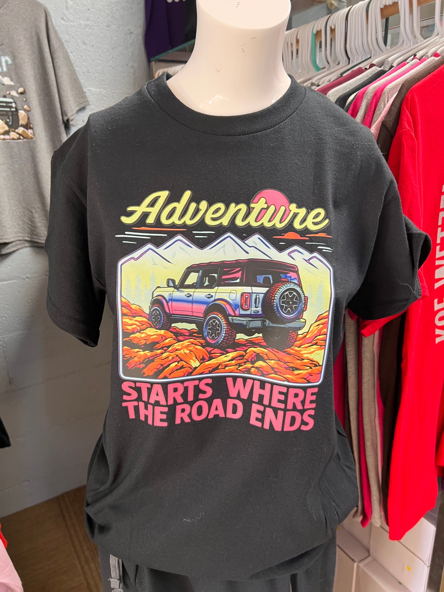 New unisex black adventure shirts, where the road ends