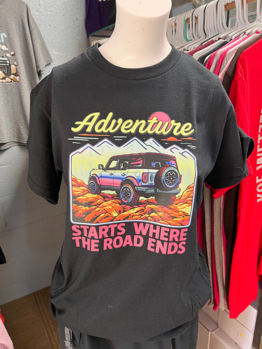 New unisex black adventure shirts, where the road ends