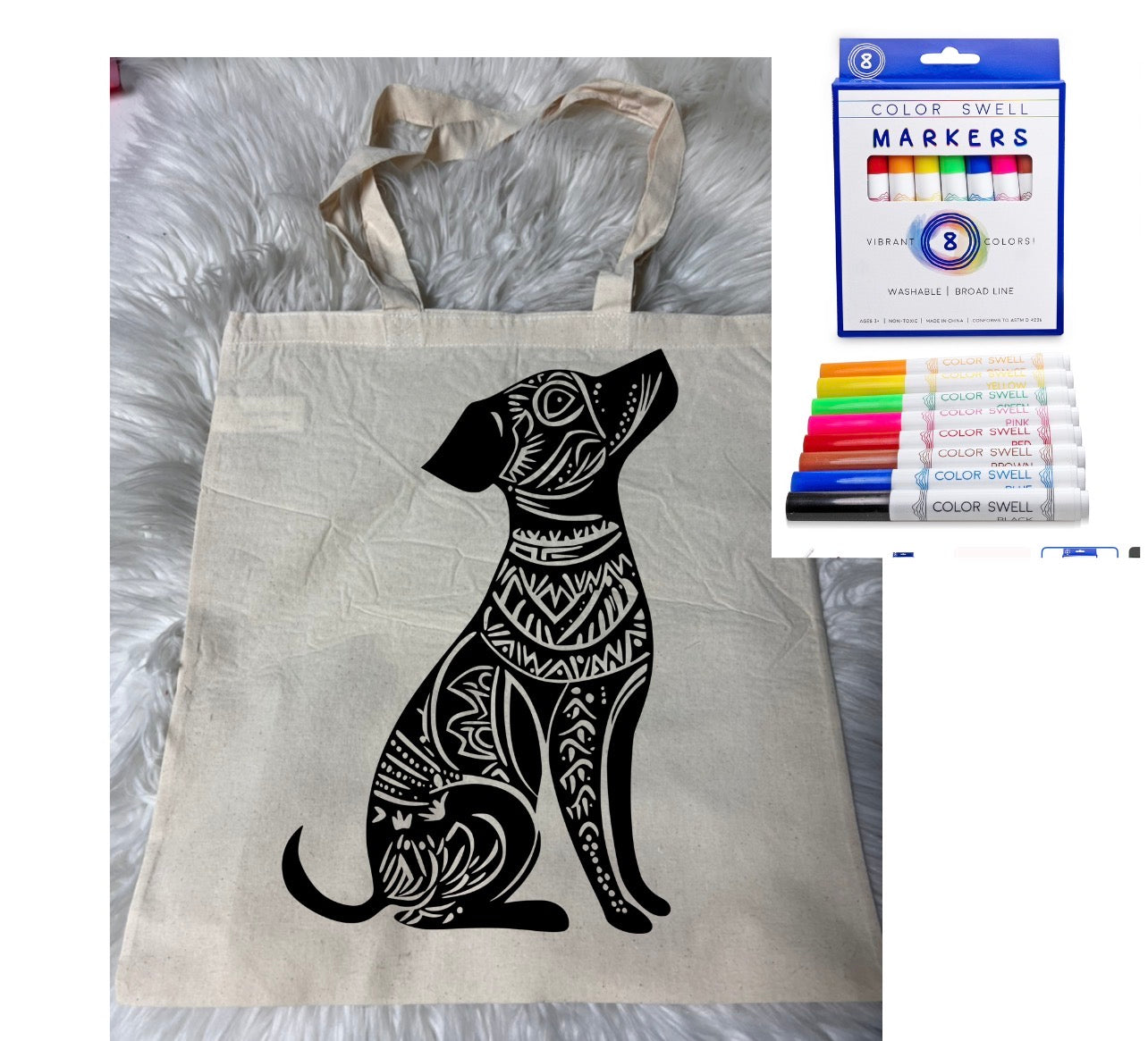 Canvas bag for drawing comes with a pack of markers dog