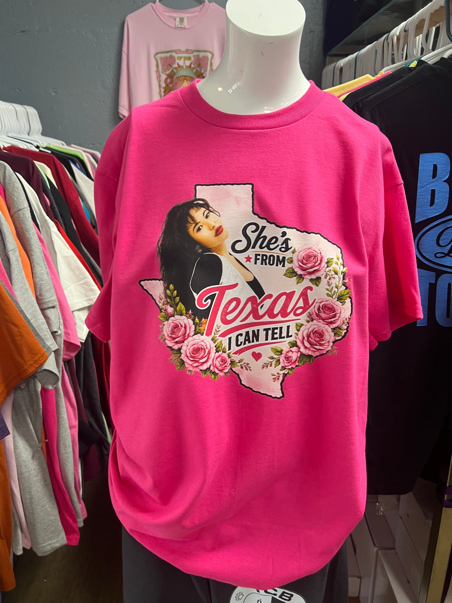 New unisex hot pink she’s from Texas. I can tell Selena. ￼