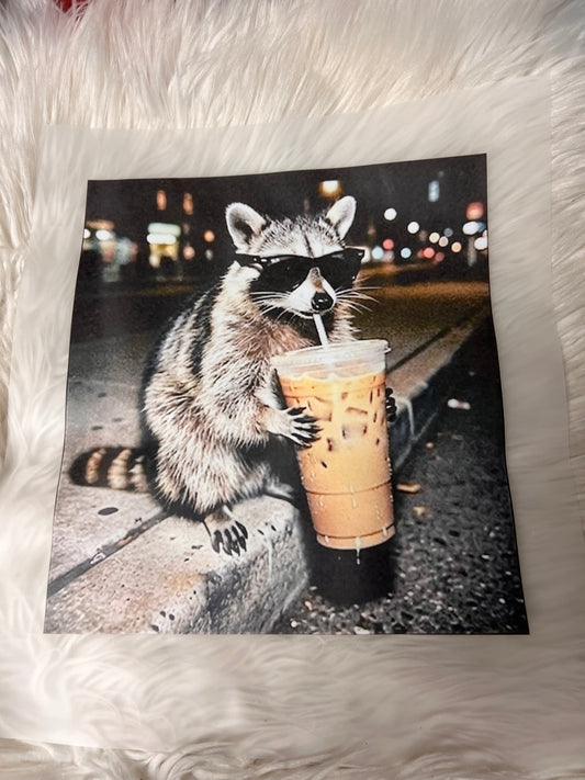 New funny DTF raccoon iced coffee ￼