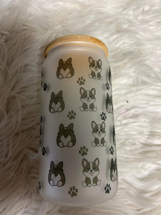 Brand new 16 ounce glass cup with plastic straw corgis