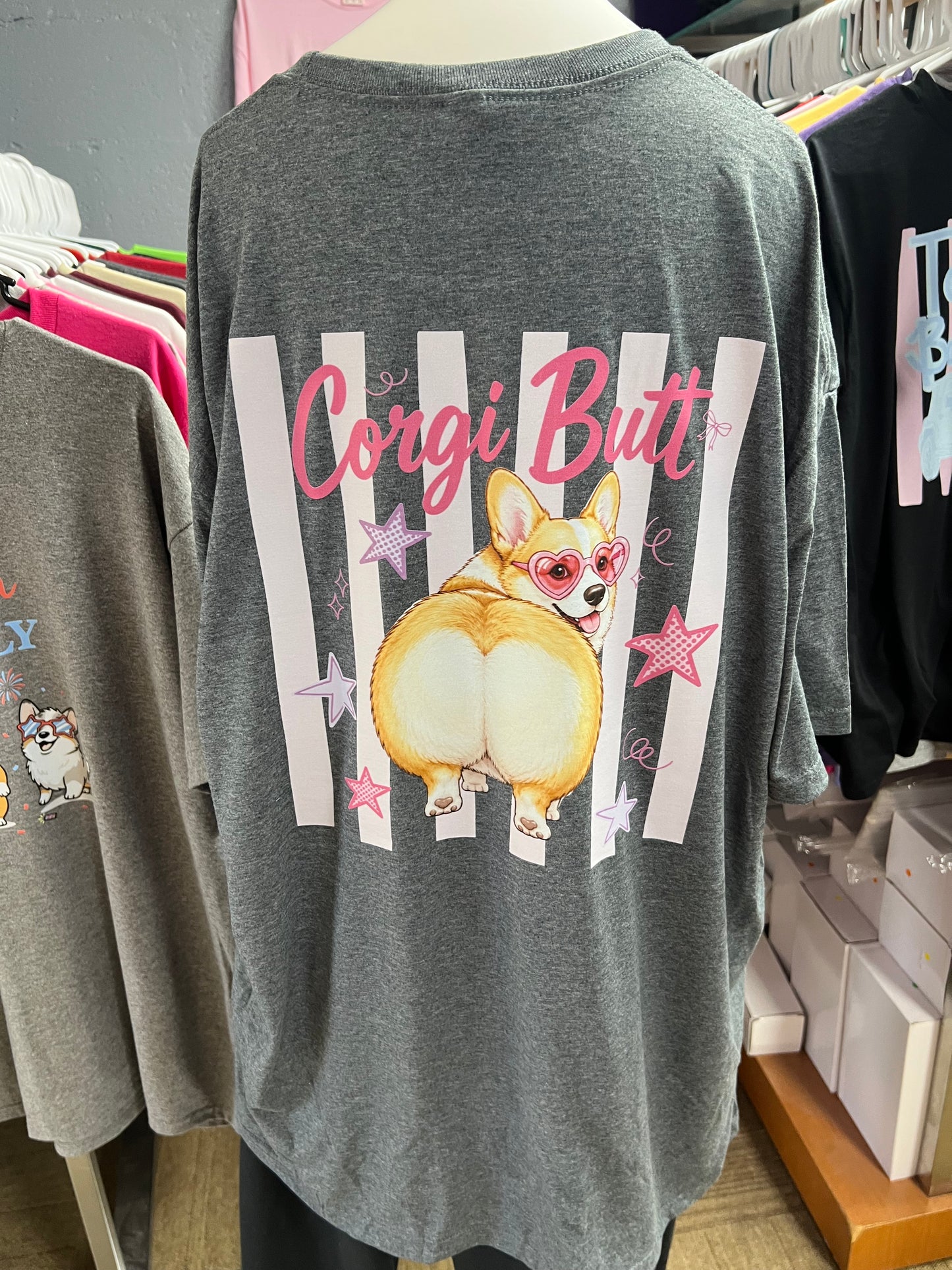New unisex Dark Heather guess what Corgi front and back ￼
