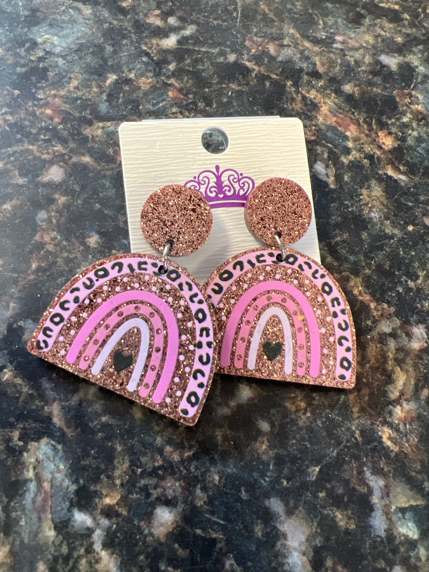 Stud, rainbow shaped earrings, pink animal print