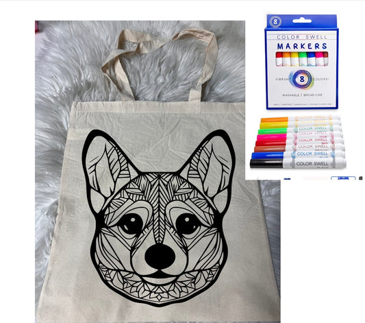 Canvas bag for drawing comes with a pack of markers dog