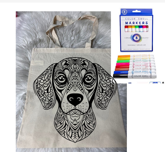Canvas bag for drawing comes with a pack of markers dog