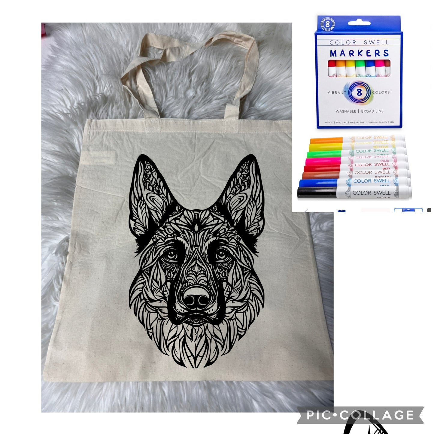 Canvas bag for drawing comes with a pack of markers dog